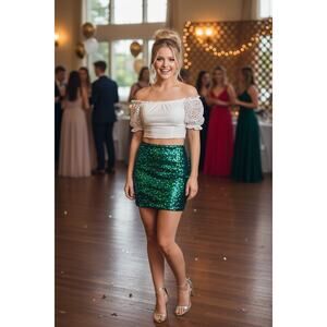 Anna-Kaci Blue Green Sequin Mini Skirt M/L NWT Stretch Pull On Party NYE Party